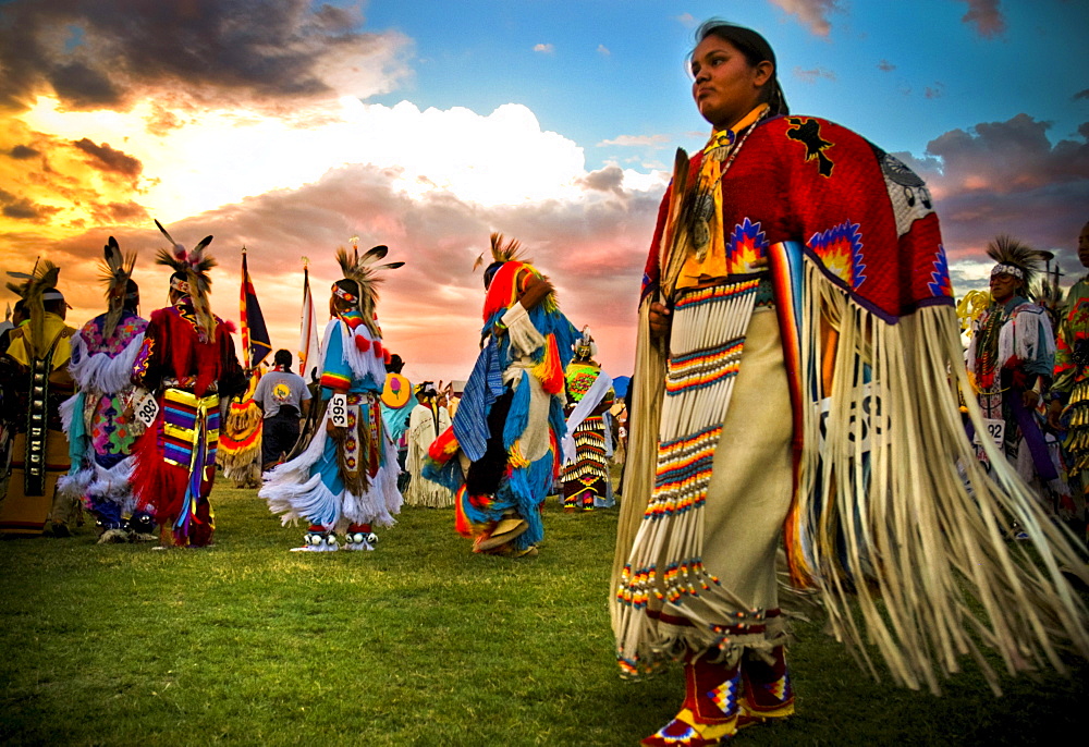 Native Americans perform a dance at a powwow in Mesa Verde, Colorado.