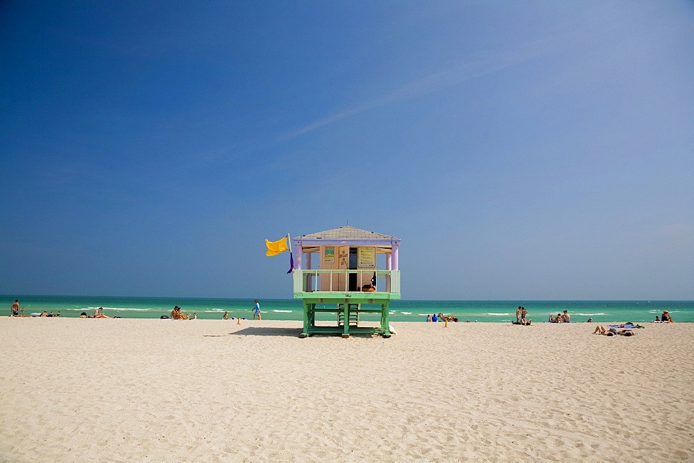 Lifeguard station looking over the Atlantic Ocean on South Beach Miami, Florida, USA