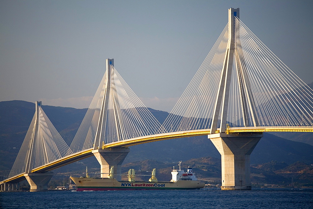 A view of the Rio-Antirio Bridge, the world's longest cable-stayed suspended deck bridge, from atop a ferry crossing the Gulf of Corinth near Patras, Greece on October 16, 2007.