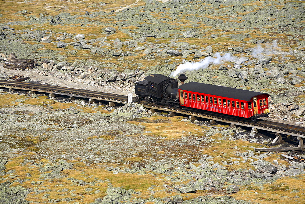 The Mt. Washington Cog Railway makes its way to the summit of Mt Washington just north of North Conway, NH.