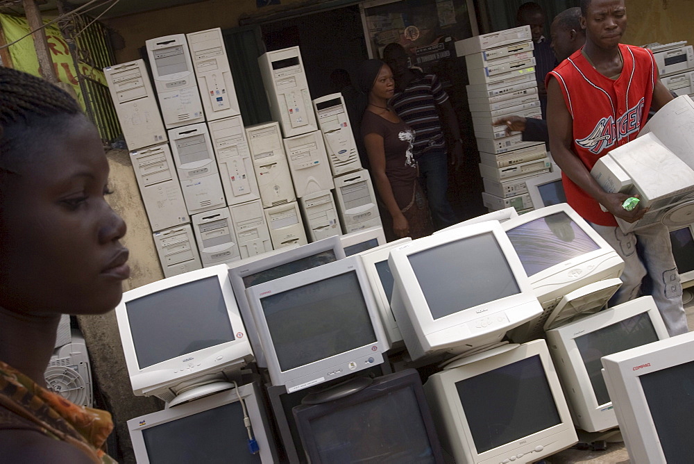 The Computer village at Ikeja neighborhood, Lagos Nigeria. Many of the computers here are second hand and shipped from USA or Europe for reuse.