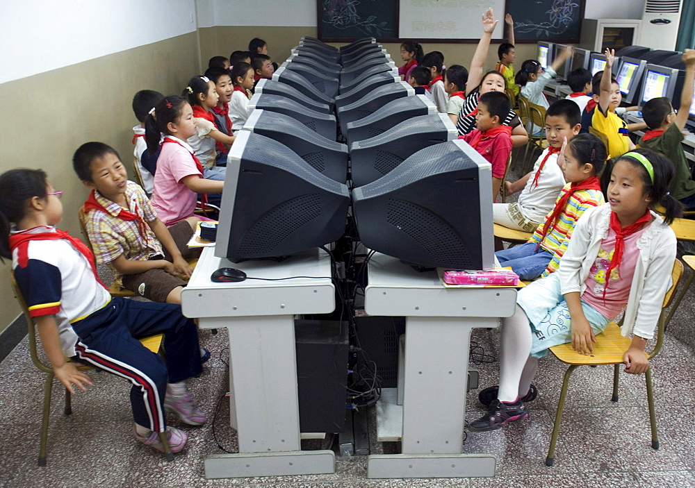 A class of second graders in a computer class at a school for elite children in Beijing, China.