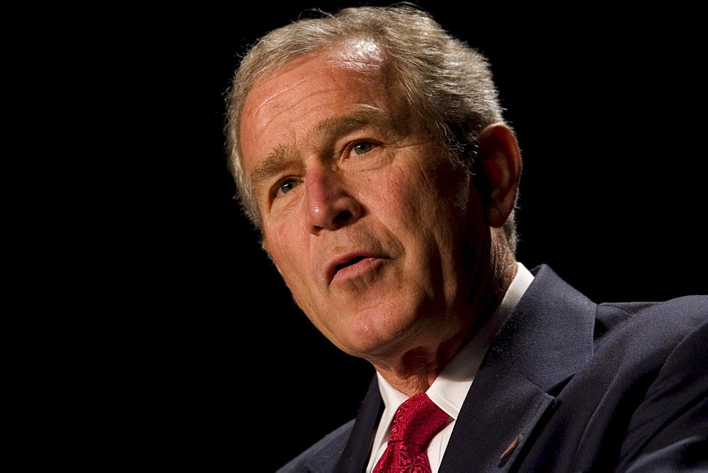 President of the United States of America George W. Bush addresses an assembly during the National Catholic Prayer Breakfast in Washington, D.C. at the Capitol Hilton on April 16, 2008.