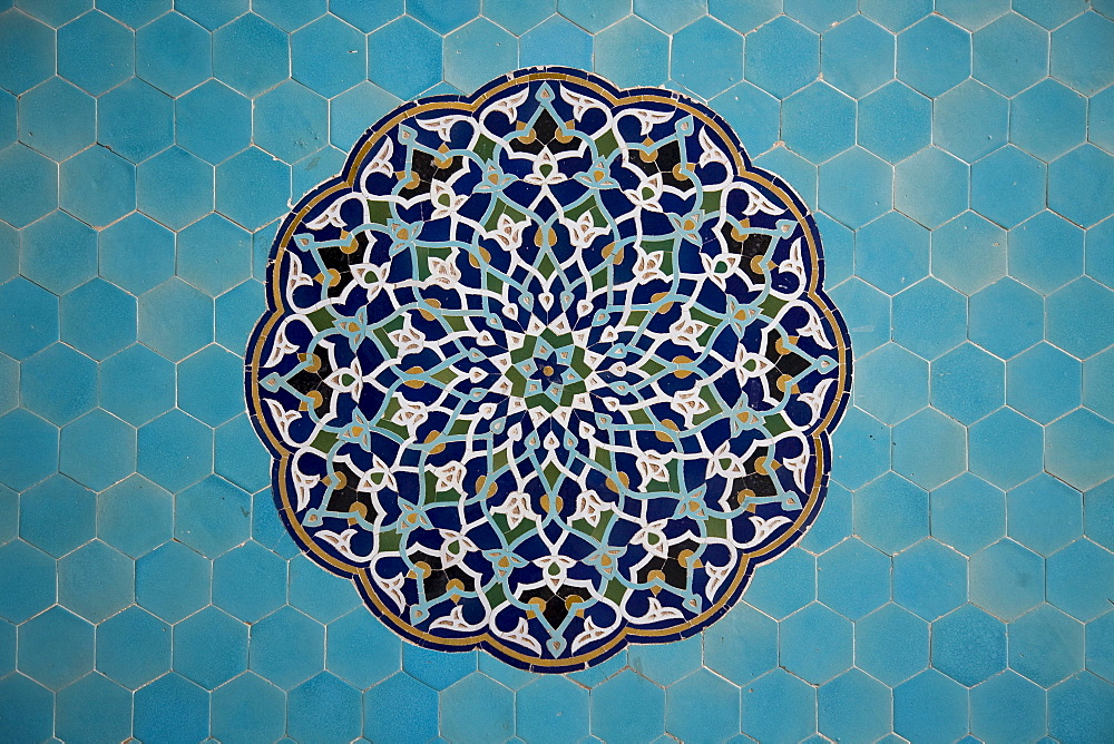 Yazd, Iran - February, 2008:Close up of the elaborately blue tiled 14th century Jameh (Friday) Mosque  in the old town in Yazd, Iran.