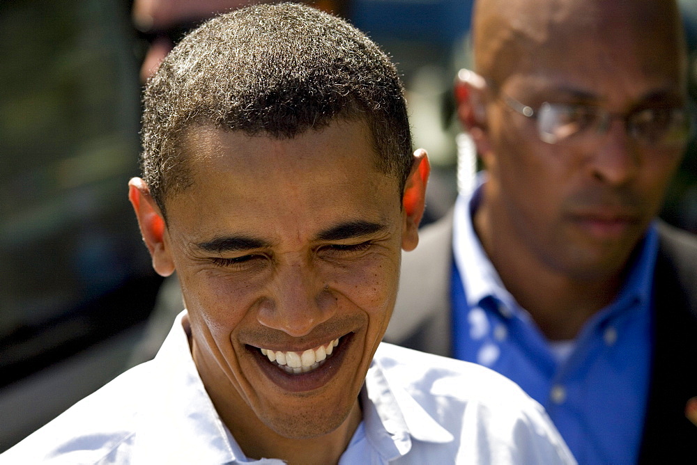 Presidential candidate Barack Obama smiles while greeting members of the crowd following the largest political rally of the Democratic front runner's campaign to date at Waterfront Park in Portland, Oregon on May 18, 2008.  City of Portland officials estimated the crowd at 72,000 people.  It was the largest political rally in Oregon history.