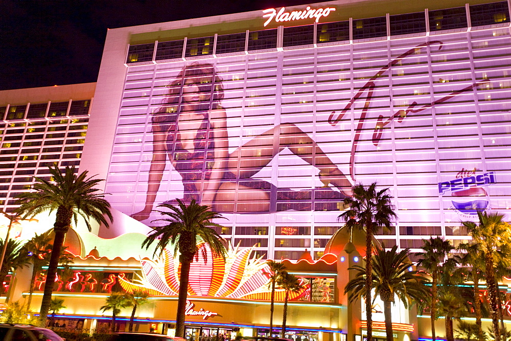 Detail of the front of the Flamingo Hotel and Casino along Las Vegas Boulevard, or the Strip, in Las Vegas, Nevada.