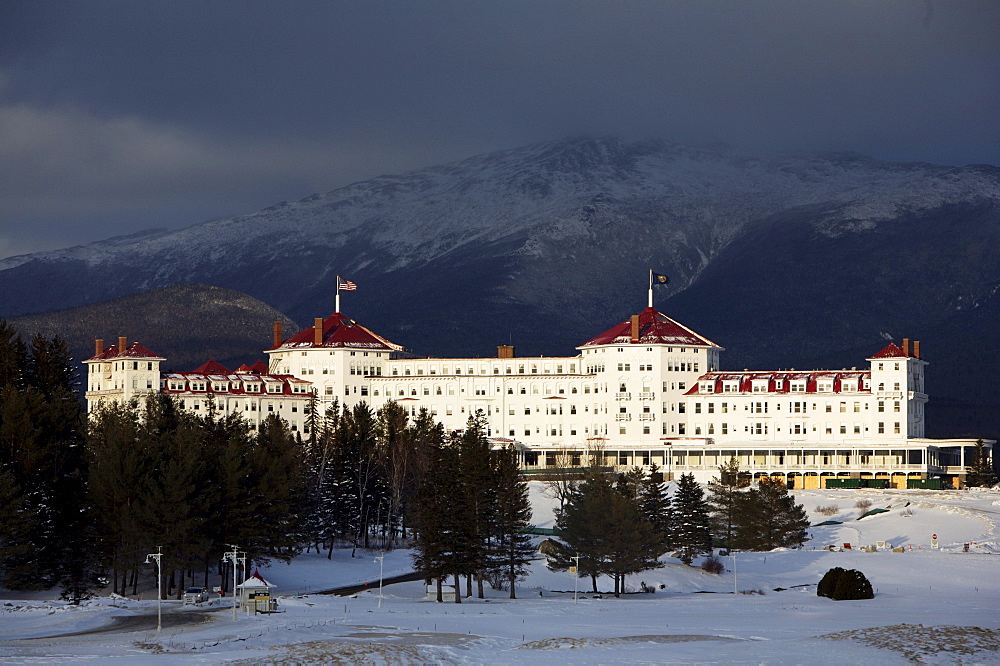 A sliver of light illuminates Mt. Washington Resort in Bretton Woods, NH