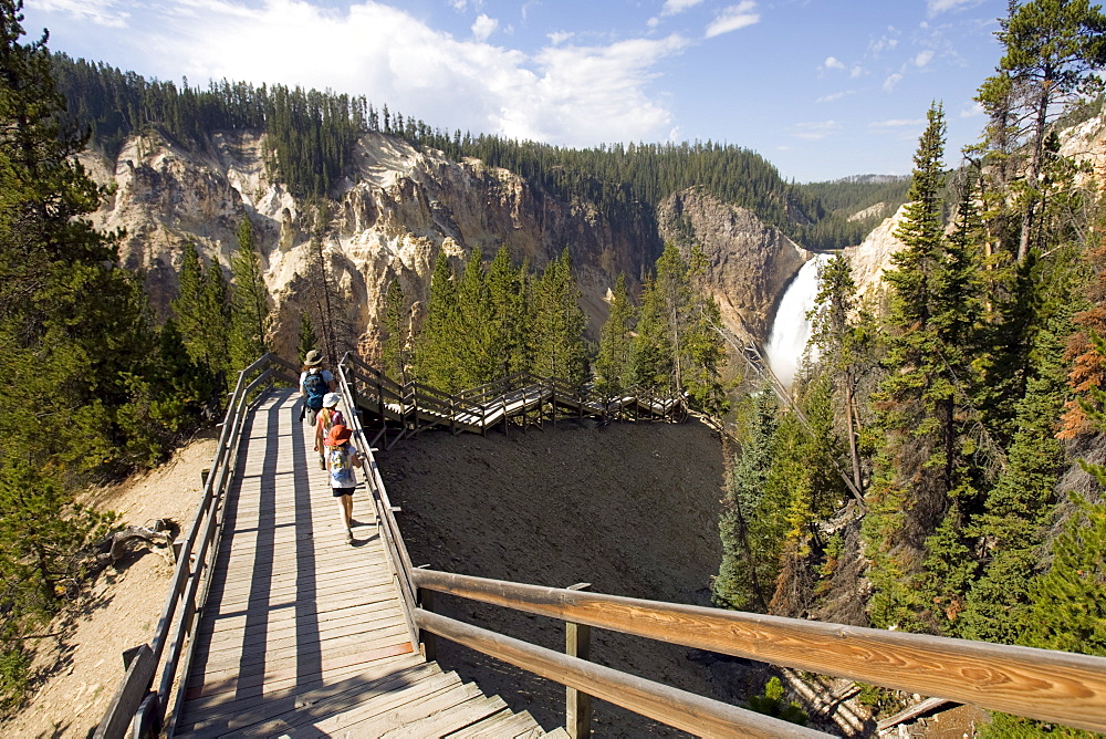 People cross a  walking bridge to the Grand Canyon of Yellowstone National Park in Wyoming.