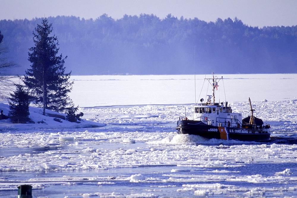 The USCGC Shackle motors through the ice covered Kennebec River en route for a day of ice breaking.