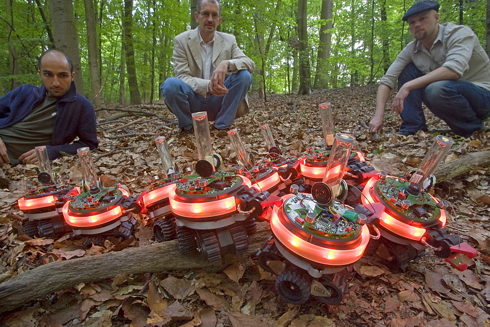 Swarm robots designed by Marco Dorigo, center, and his graduate students Universit_ Libre de Bruxelles, Brussels, Belgium. An individual robot could not cross this obstacle in the forest, but when they link together and communicate with each other(when they do this lights go on) they can cross a barrier. This was inspired by how ants link together in a group to cross barriers.