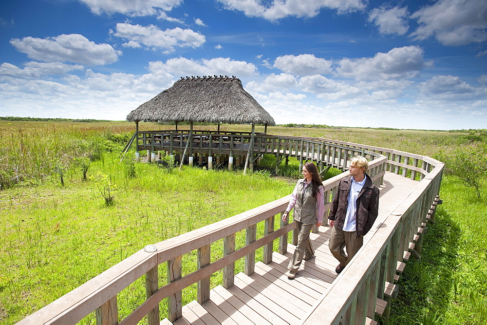 A couple enjoys a stroll along a wooden walkway in the Everglades National Park, Florida.