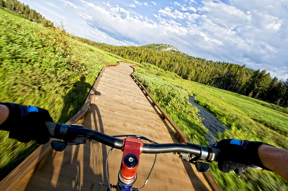 A young woman chases her shadow, while out for an evening mountain bike ride in Lake Tahoe, Nevada.