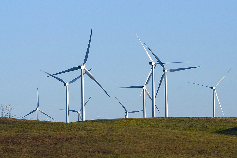 Wind turbines and power transmission lines at sunset near San Francisco