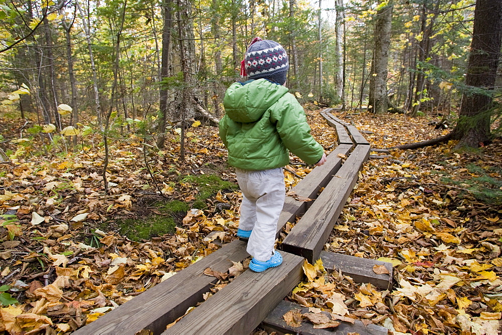 A young girl walks across hiking bridges in Grafton Notch State Park, Maine.