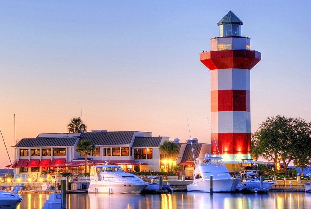 The famous Harbour Town Lighthouse at dusk on Hilton Head Island, South Carolina.