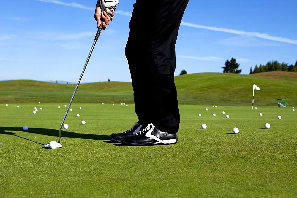 Man lining up a putt while golfing.