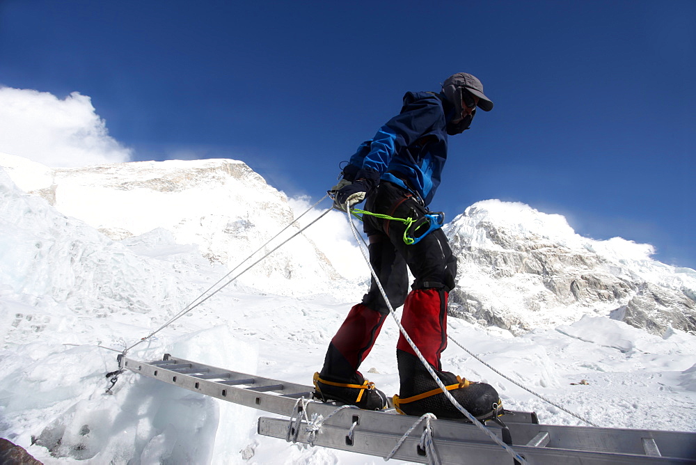 Mountaineer climbing Everest's Khumbu Icefall