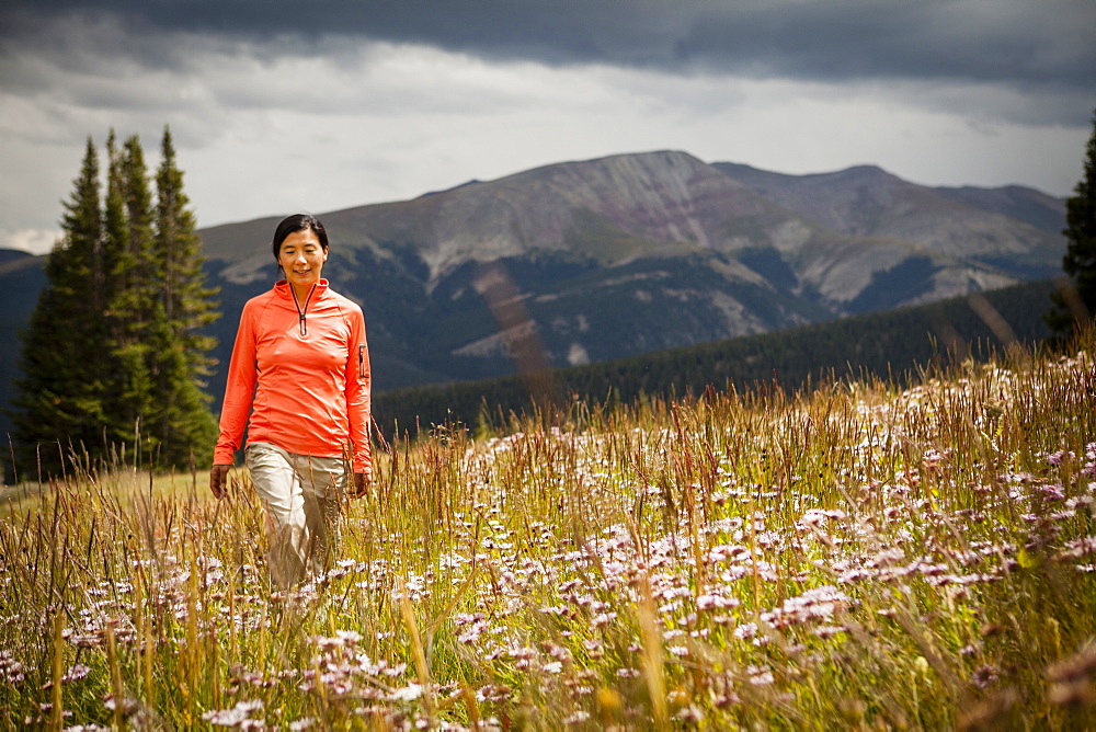 A mid-thirty year old Japanese-American women walks through a meadow of wild flowers on her way to Lower Crystal Lake, Colorado.