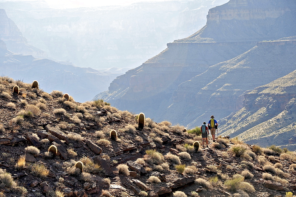 Hikers follow a route along the Colorado River that connect Tapeats Creek and Thunder River to Deer Creek in the Grand Canyon outside of Fredonia, Arizona November 2011.  The 21.4-mile loop starts at the Bill Hall trailhead on the North Rim and descends 2000-feet in 2.5-miles through Coconino Sandstone to the level Esplanada then descends further into the lower canyon through a break in the 400-foot-tall Redwall to access Surprise Valley.  Hikers connect Thunder River and Tapeats Creek to a route along the Colorado River and climb out Deer Creek.