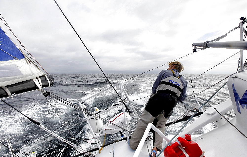 Onboard the IMOCA Open 60 Macif crewed by Francois Gabart and Michel Desjoyeaux during a training session before the Transat Jacques Vabre in the English Channel from Plymouth to Port la Foret after she won on her class the Rolex Fastnet Race.