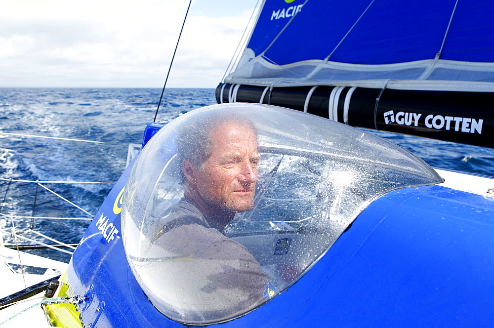 Onboard the IMOCA Open 60 Macif crewed by Francois Gabart and Michel Desjoyeaux during a training session before the Transat Jacques Vabre in the English Channel from Plymouth to Port la Foret after she won on her class the Rolex Fastnet Race.