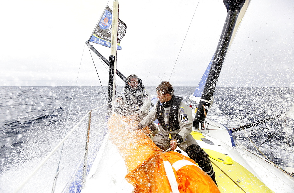 Onboard the IMOCA Open 60 Macif crewed by Francois Gabart and Michel Desjoyeaux during a training session before the Transat Jacques Vabre in the English Channel from Plymouth to Port la Foret after she won on her class the Rolex Fastnet Race.