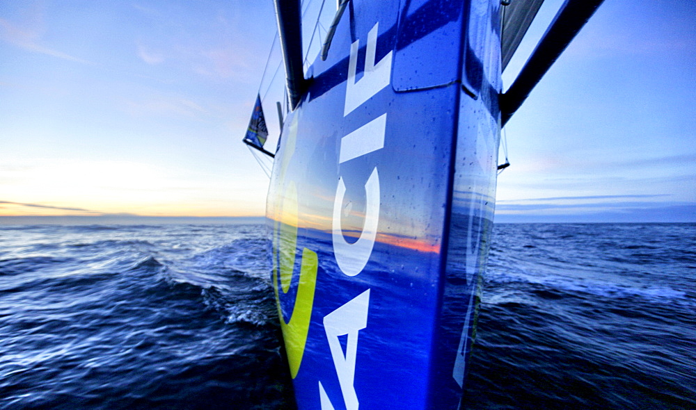 Onboard the IMOCA Open 60 Macif crewed by Francois Gabart and Michel Desjoyeaux during a training session before the Transat Jacques Vabre in the English Channel from Plymouth to Port la Foret after she won on her class the Rolex Fastnet Race.