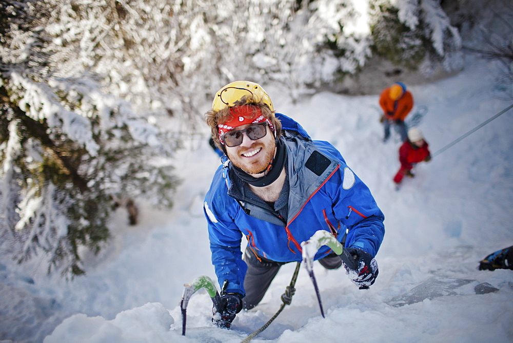 Portrait of an icae climber in action in Whistler, British Columbia, Canada, Whistler, British Columbia, Canada