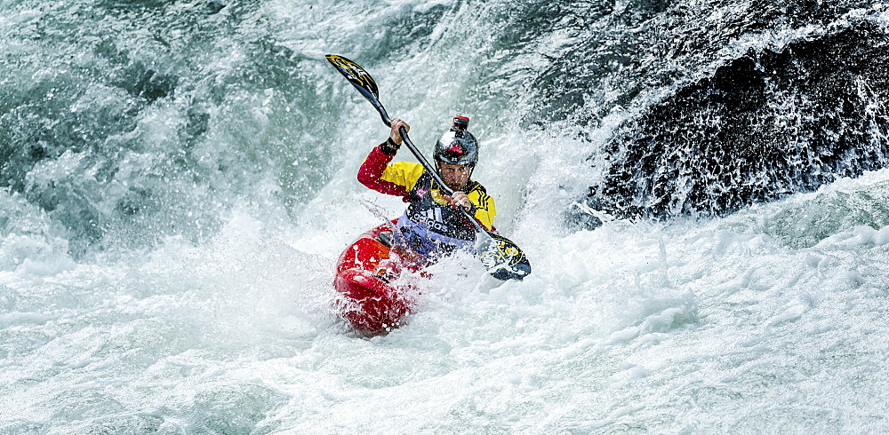 Kayaker Nicholas Troutman (CAN) riding the Ötztaler Ache-River during the Adidas Sickline Extreme Kayaking World Championship 2014 in Oetz, Austria.