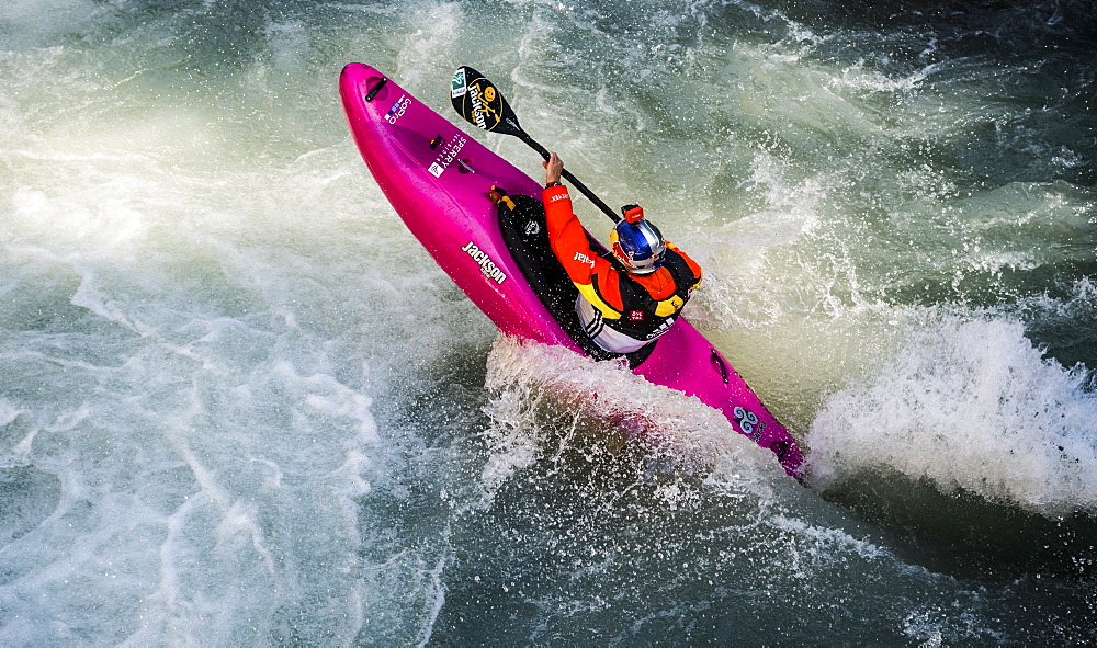 Red Bull sponsored kayaker Dane Jackson (USA) dropping into the Ötztaler Ache-River during the Adidas Sickline Extreme Kayaking World Championship 2014 in Oetz, Austria.