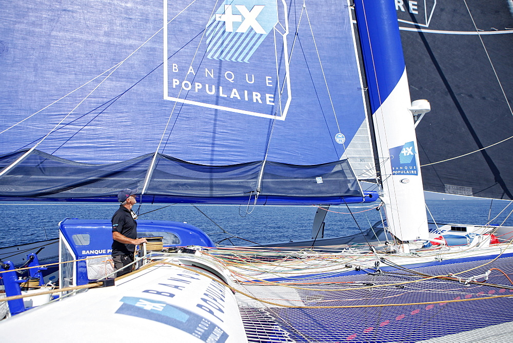 Loick Peyron onboard the Maxi Trimaran Solo Banque Populaire VII in preparation for "La Route du Rhum".