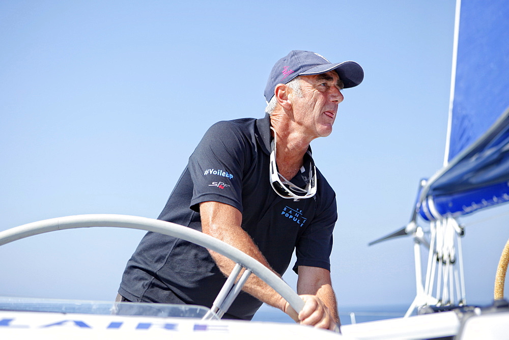 Loick Peyron onboard the Maxi Trimaran Solo Banque Populaire VII in preparation for "La Route du Rhum".