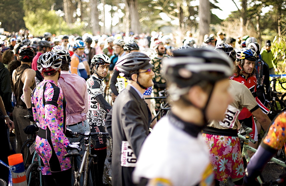 cyclocross racers wait for race start in San Francisco, California