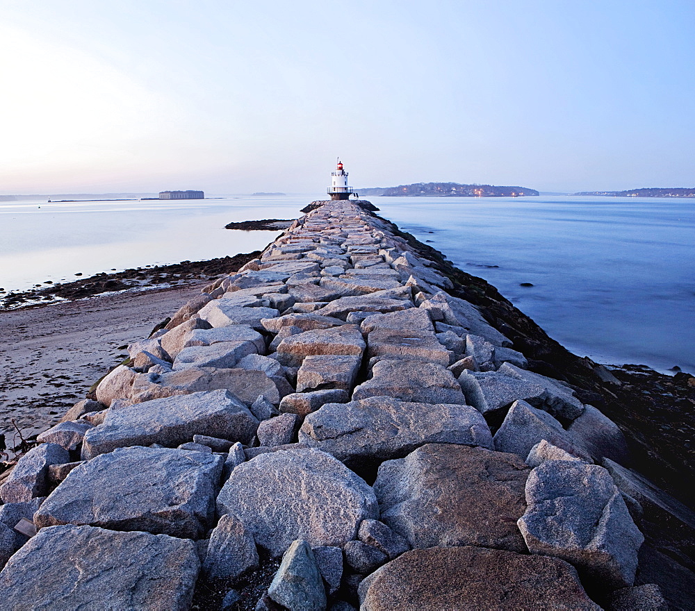 Spring Point lighthouse stands guard at the entrance of Portland harbor, Maine.