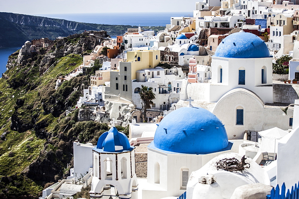 Blue domed rooftops in Santorini, Greece.