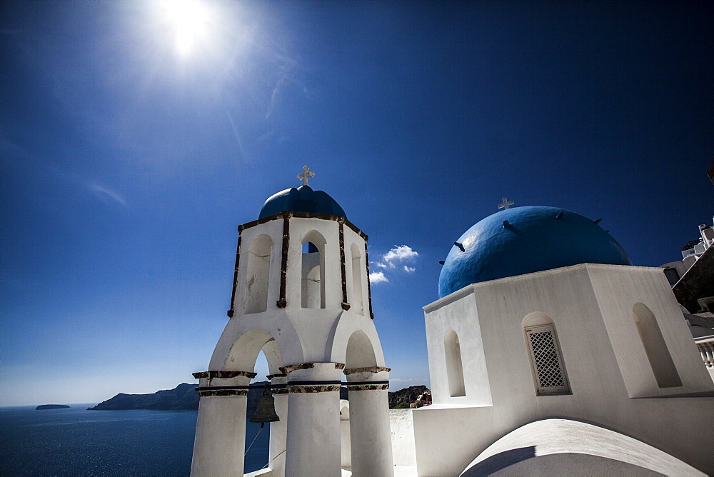 Blue domed rooftops in Santorini, Greece.