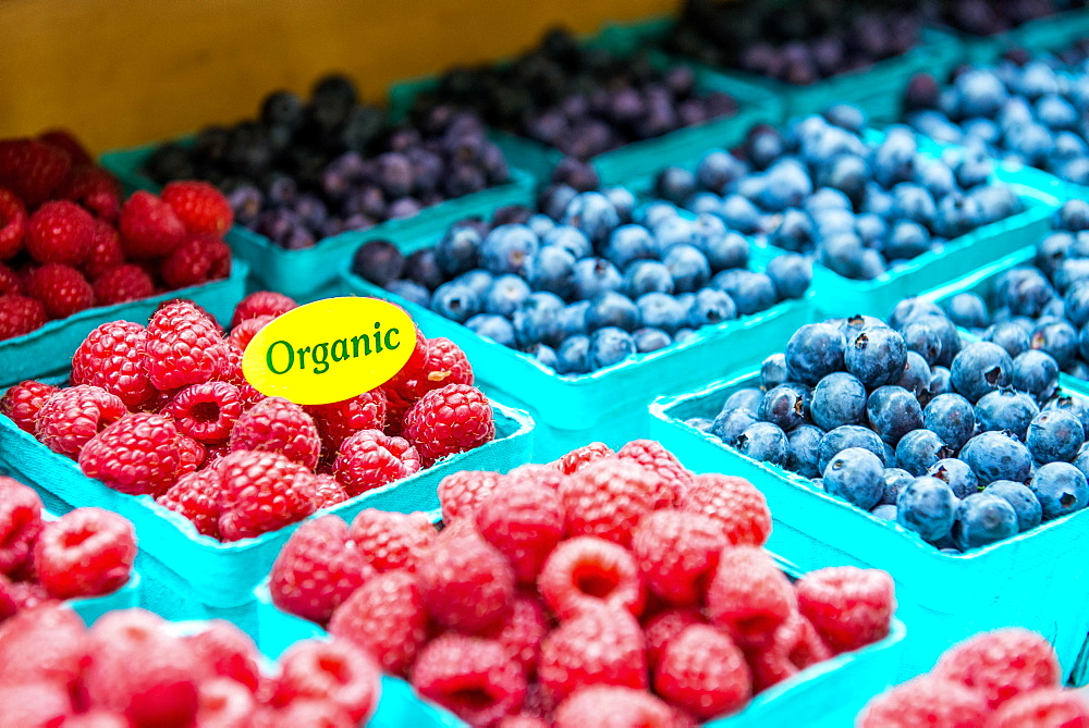 Organic Berries in baskets at a Famers Market.