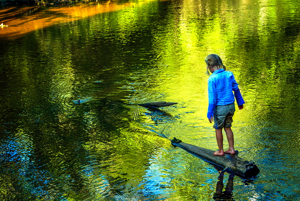 A girl walks on a submerged log near Hiawatha National Forest MI.