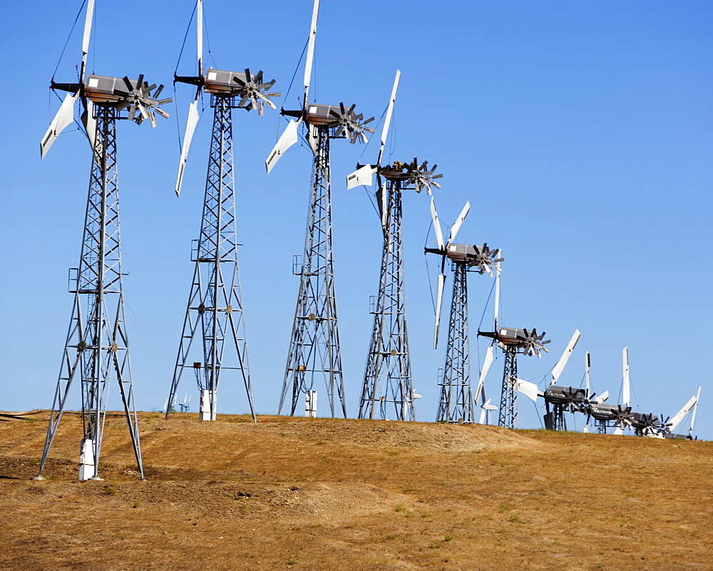 A row of wind turbines, California, USA.