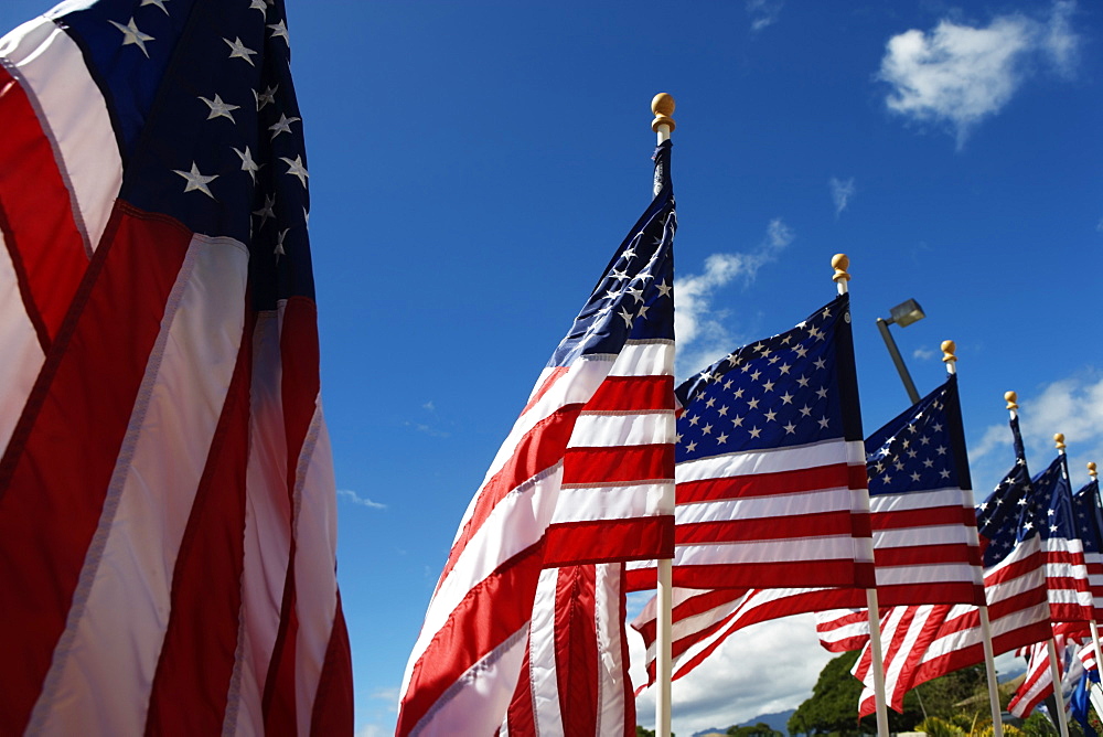 American flags blowing in the breeze.