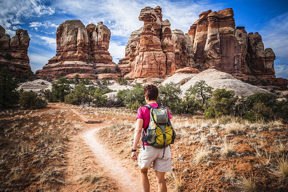 Rear view of a female hiker walking among the unusual sandstone formations in the Canyonlands National Park.