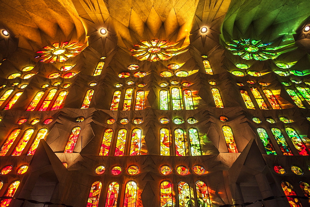 Stained glass windows at Sagrada Família in Barcelona, Spain