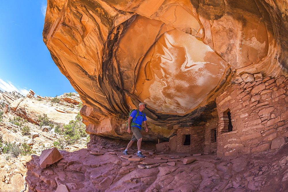 A man hiking into Road Canyon Ruin, Grand Gulch, Blanding, Utah.