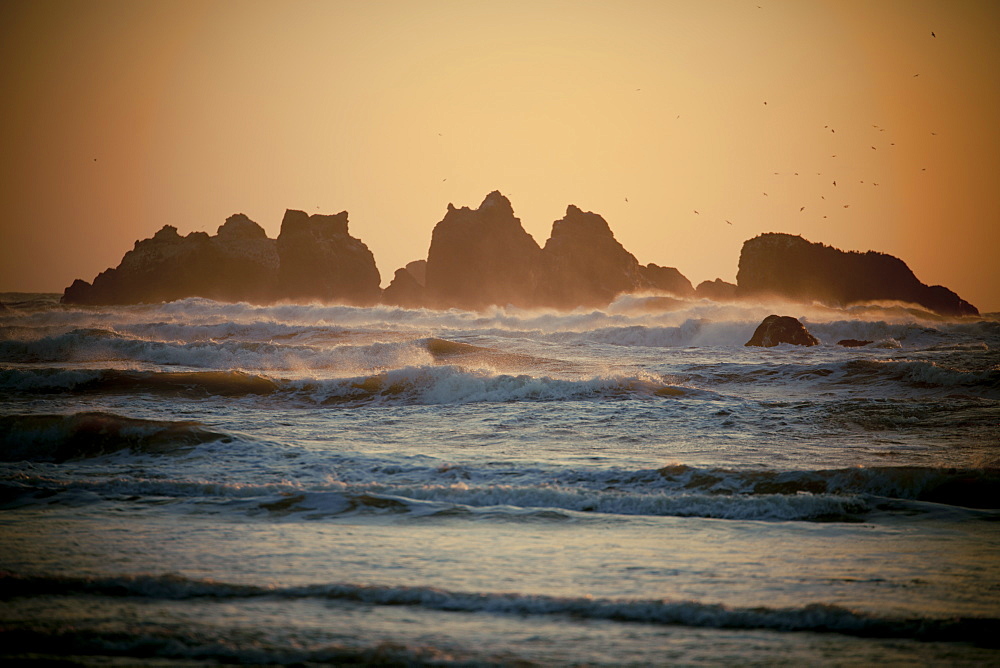 Evening light illuminates rocks and waves in Bandon Bay, Oregon.