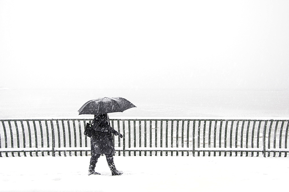 Person with an umbrella walking in a snow storm on a waterfront boardwalk