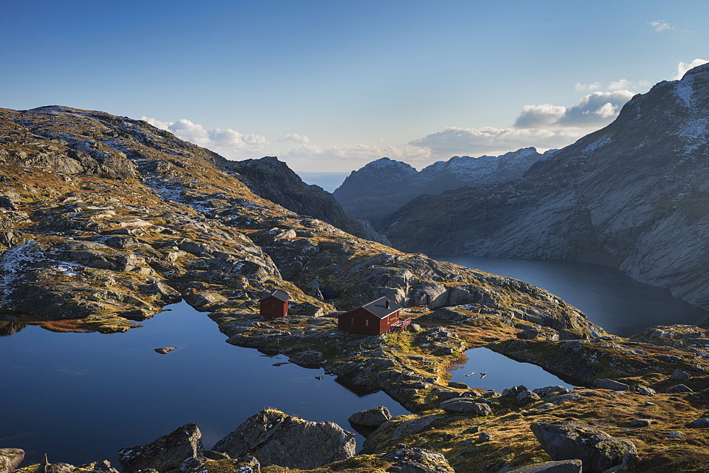 View of Munkebu Hut, Moskenesøy, Lofoten Islands, Norway