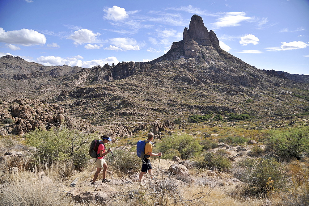 Man and woman backpackers hike on the popular Peralta Trail in the Superstition Wilderness Area, Tonto National Forest near Phoenix, Arizona November 2011.  The trail offers spectacular views of Weavers Needle and the rugged Sonoran desert.