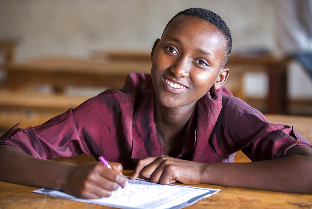 A female student is photographed at the Kiziba Refugee Camp in Kibuye, Rwanda.