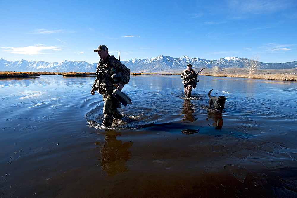 Brad Jackson and Corey Funk hunt ducks with their dog Grizzly in Carson City, NV, United States of America