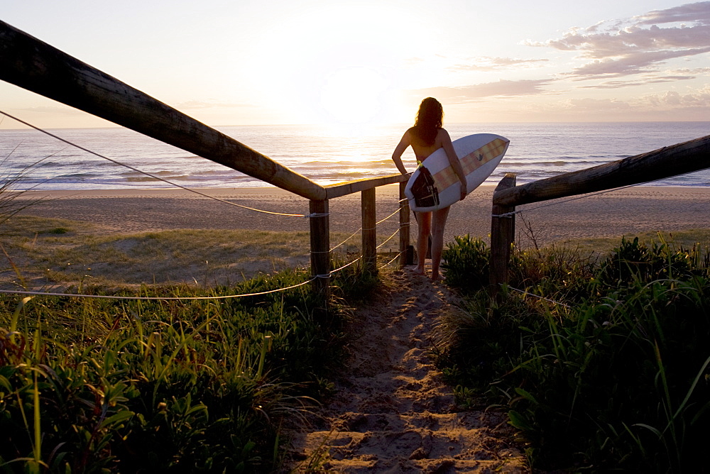 A young woman about to enter the water with a surfboard, soaks in the sunrise at Blueys Beach, Australia, Australia